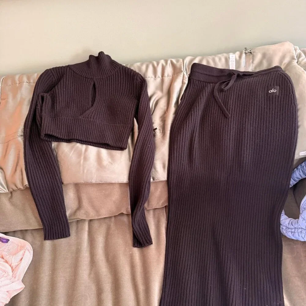 Alo Yoga Ribbed Knit Two Piece Set Cropped Sweater & Midi Skirt